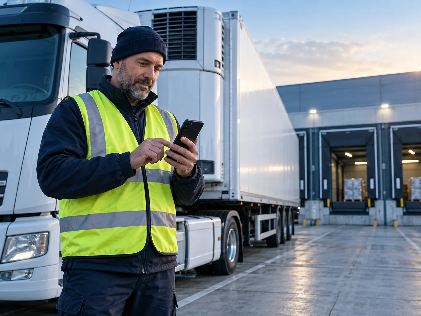 Autista professionista che consulta la missione sull'app mobile accanto a un mezzo refrigerato
