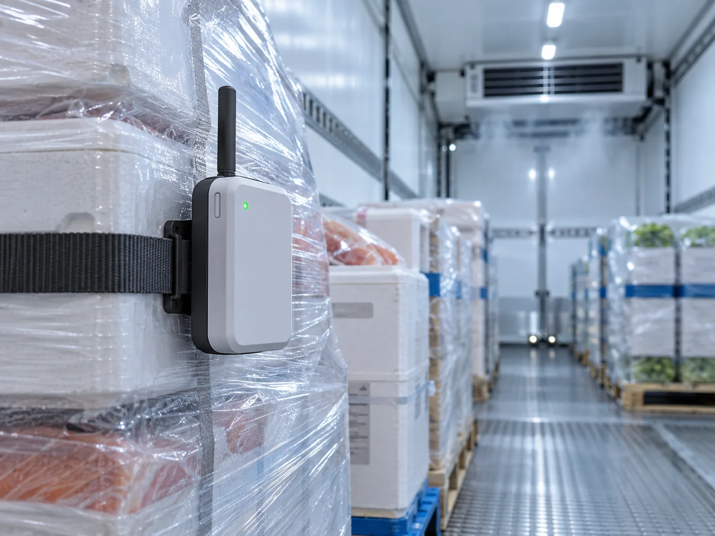 Datalogger wireless installato su un carico alimentare in ambiente refrigerato